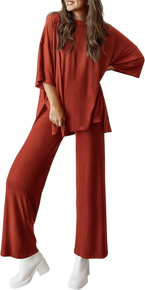 PRETTYGARDEN Women's 2 Piece Outfits Casual Short Sleeve Pullover Tops and Wide Leg Pants Lounge ... | Amazon (US)