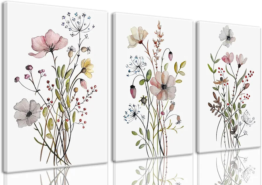 Bwodke Framed Wildflower Canvas Wall Art Pink Watercolor Botanical Floral Poster Prints Set of 3 ... | Amazon (US)