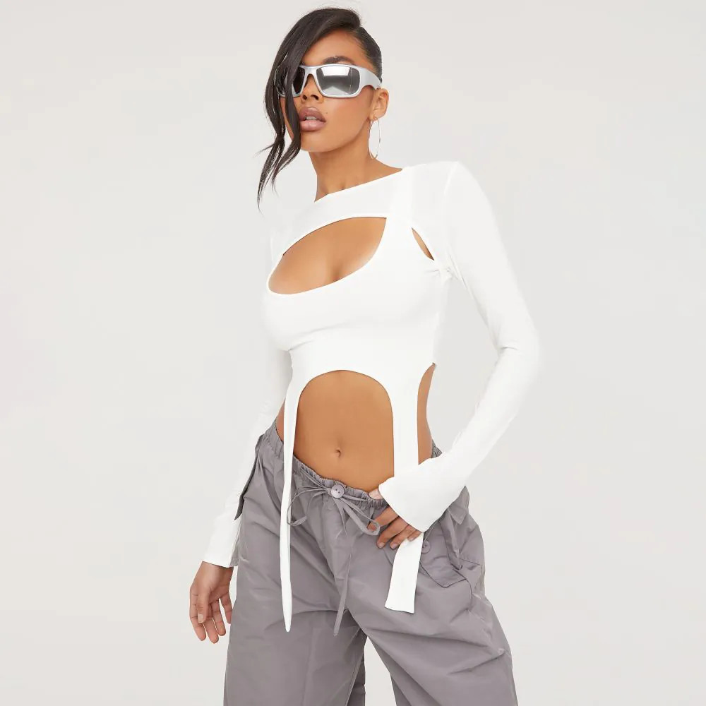 Long Sleeve Double Layered Crop Top In Cream Slinky | EGO (UK)