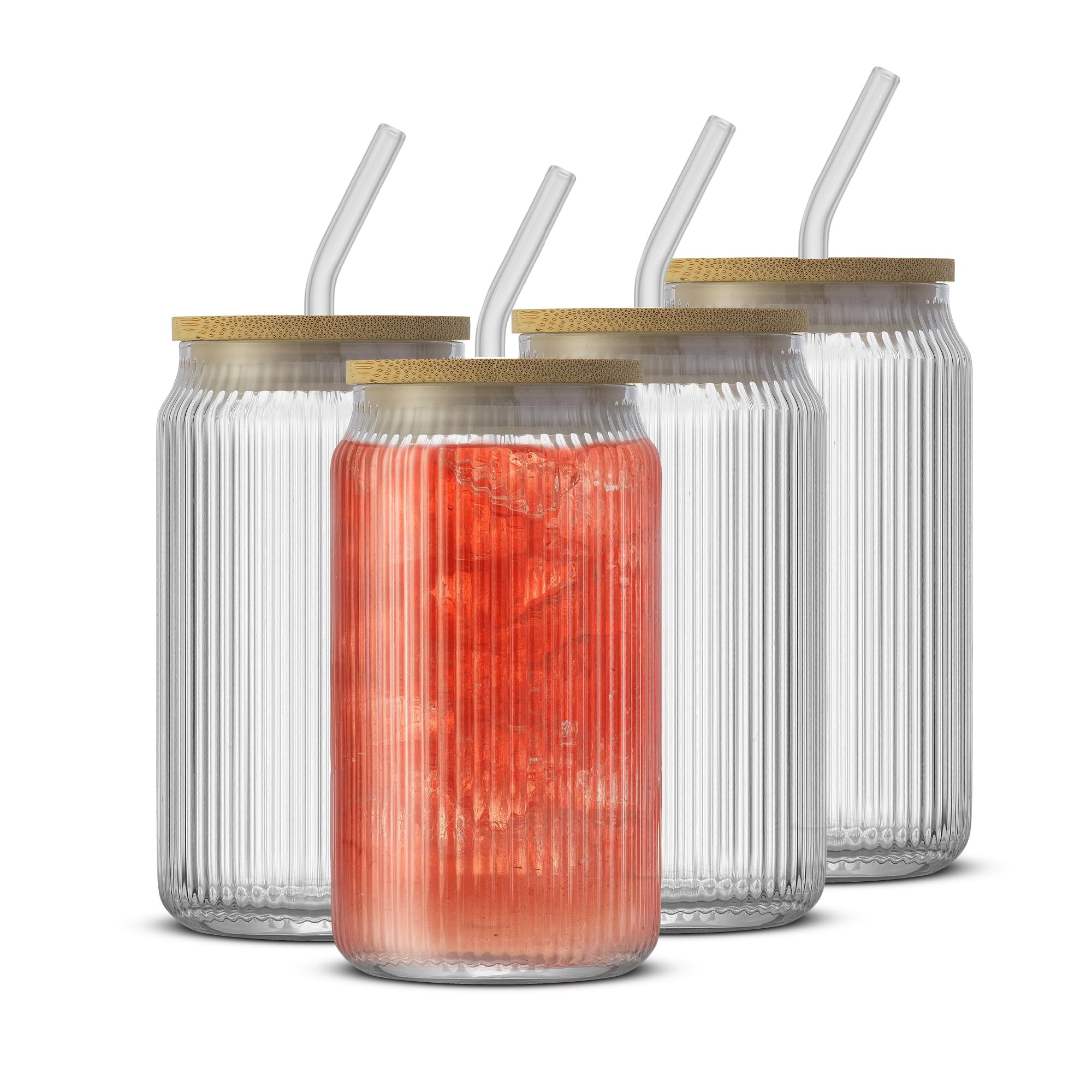 JoyJolt Fluted Glass Tumblers with Bamboo Lids and Glass Straws, Ribbed Can Shaped Drinking Glass... | Amazon (US)