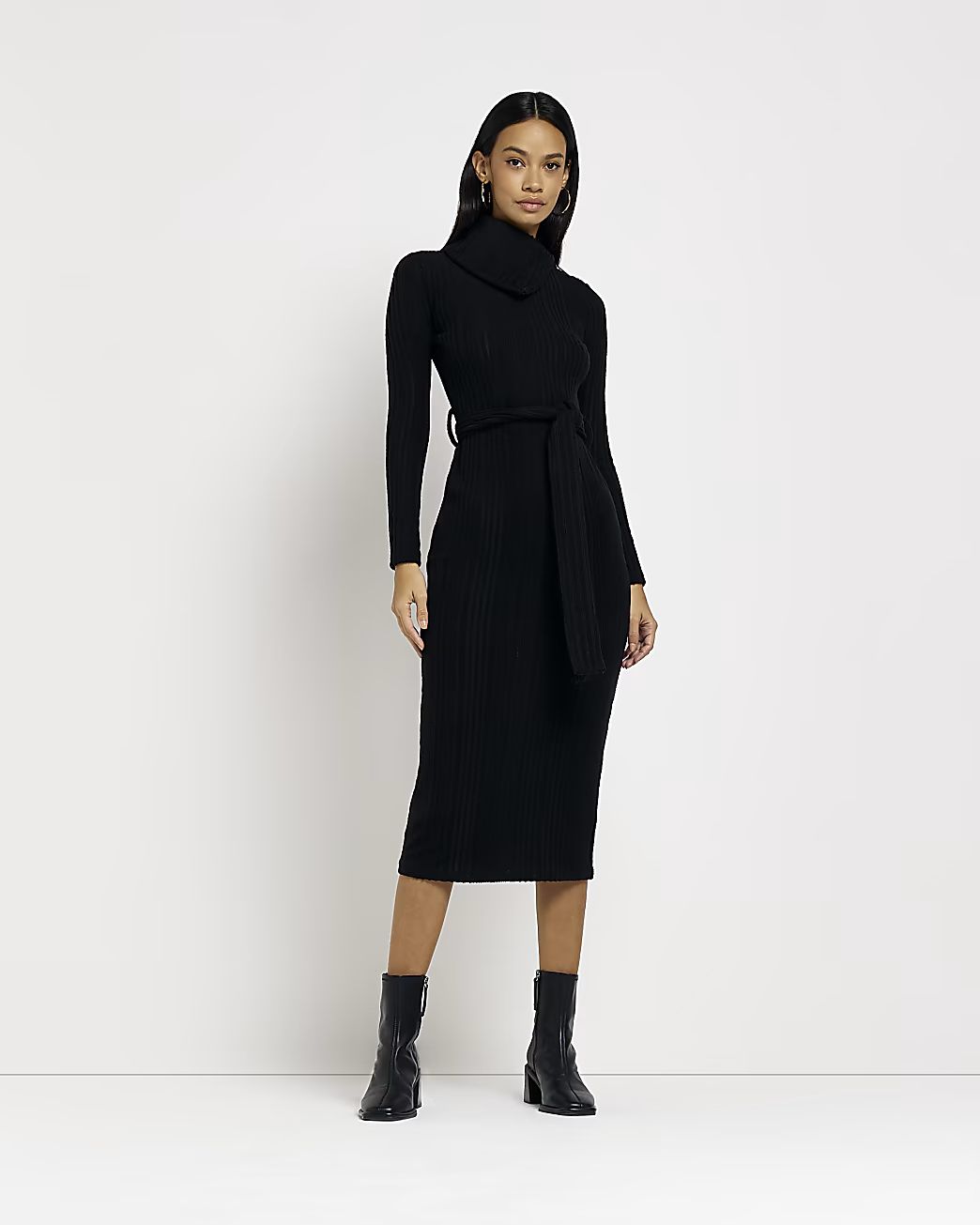 Black knit high neck bodycon midi dress | River Island (UK & IE)