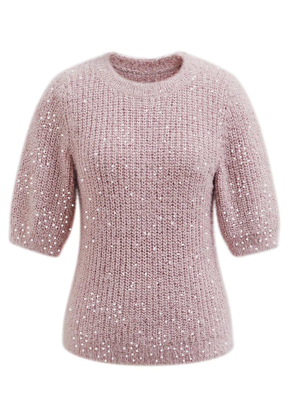 Sequin Fuzzy Short Sleeve Sweater in Pink | Chicwish