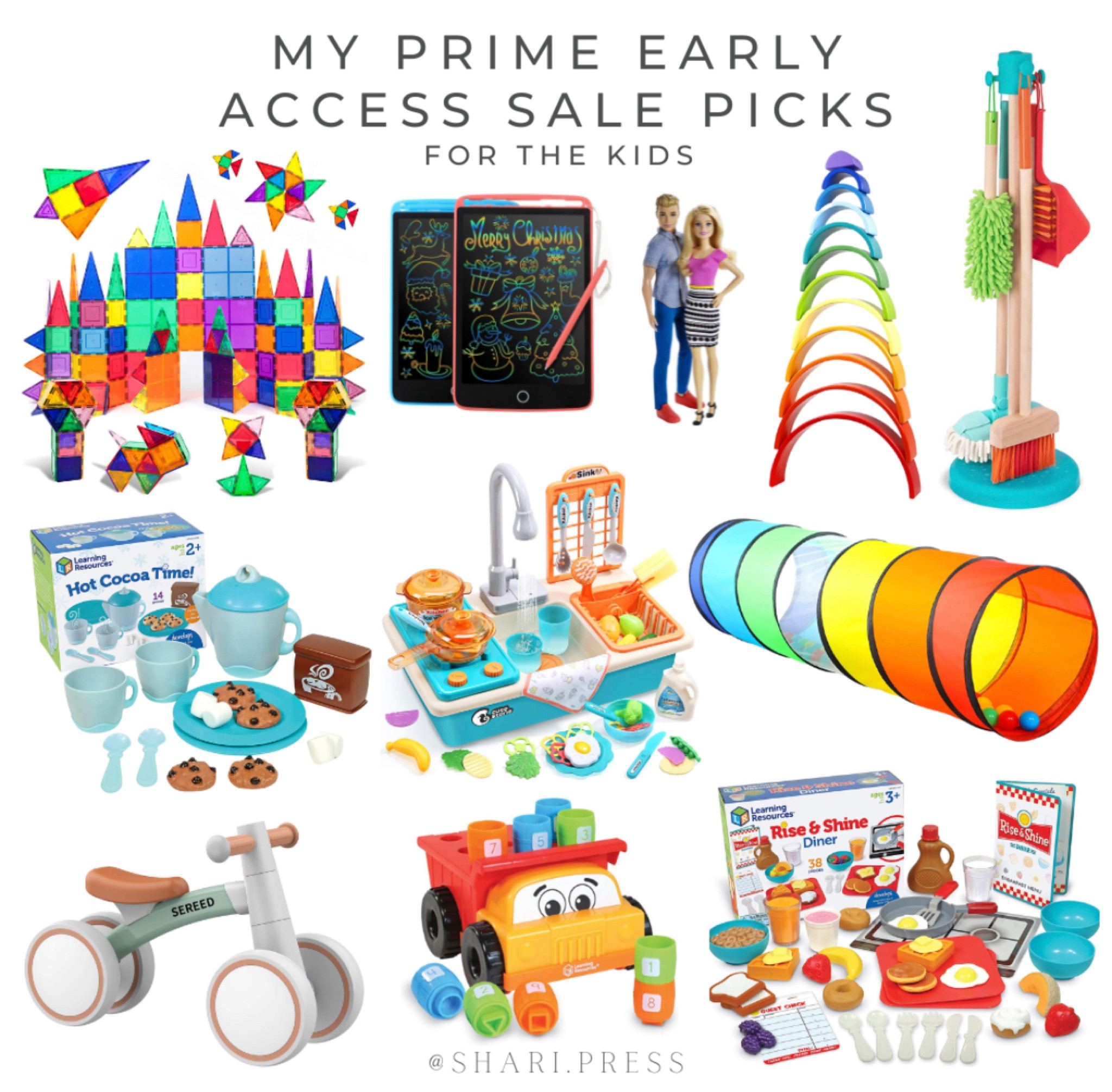 Amazon Prime Early Access picks for kids. Toys that work for 1 year olds and up. Many of these are both of my kids favorites and some are being gifted to them this year. Magnetic tiles, stacking toys, play food, a balance bike, Barbie and Ken dolls, drawing tablets, a play sink, other pretend play items and more!#LTKGiftGuide

#LTKkids #LTKsalealert