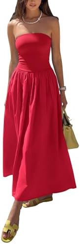 REORIA Women's Summer Tube Top Maxi Dress Sexy A Line Flowy Wedding Guest Long Dresses with Pocke... | Amazon (US)