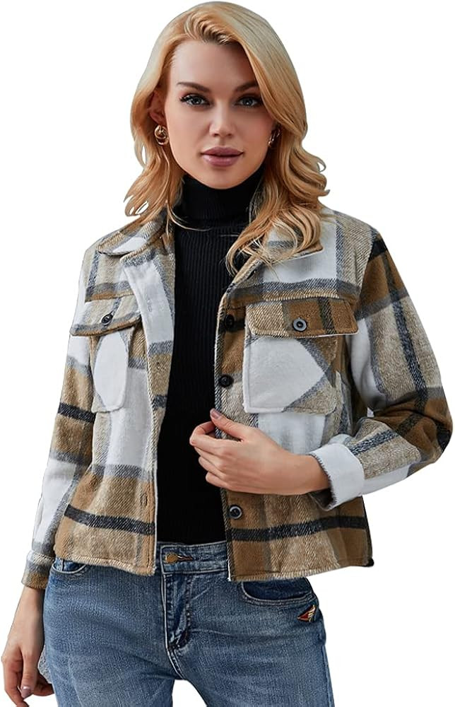 Women Casual Cropped Flannel Plaid Wool Blend Shacket Lapel Button Down Long Sleeve Loose Shirt F... | Amazon (US)
