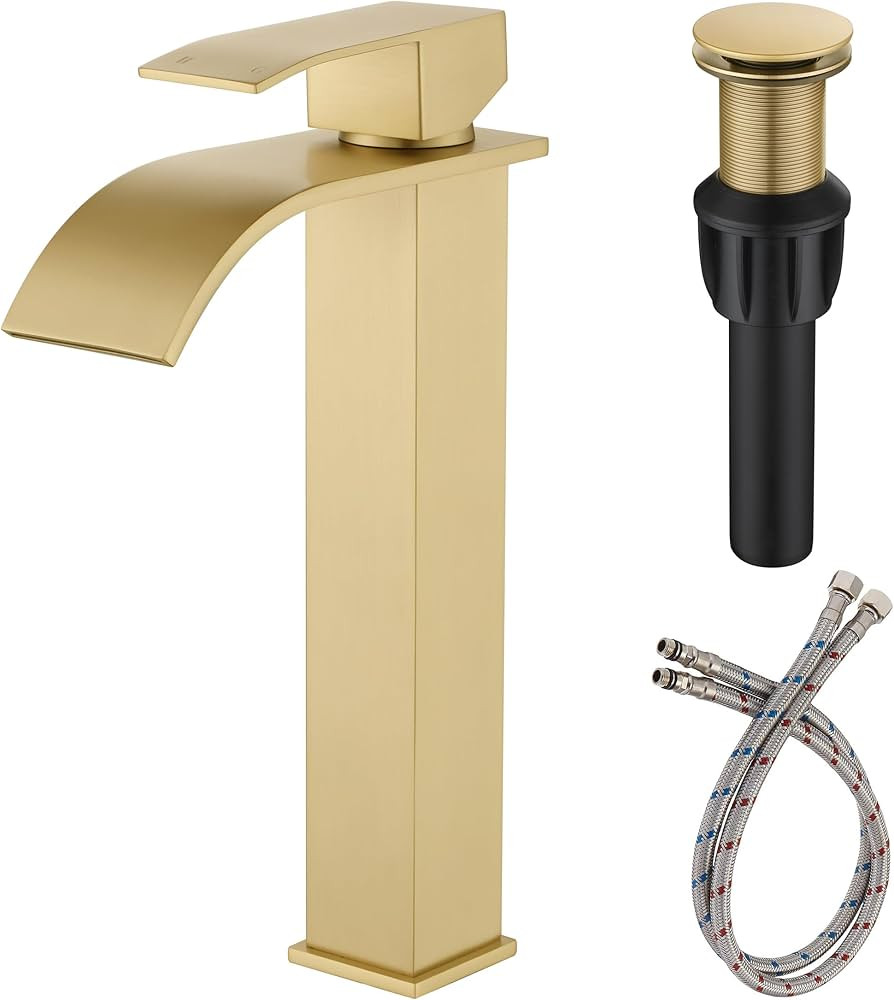 Vessel Sink Faucet, JXMMP Brushed Gold Bathroom Faucet Single Hole with Supply Hose and Pop Up Dr... | Amazon (US)