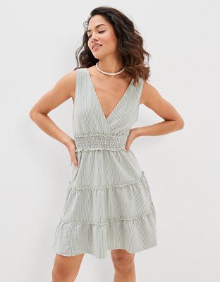AE Striped V-Neck Tiered Mini Dress | American Eagle Outfitters (US & CA)
