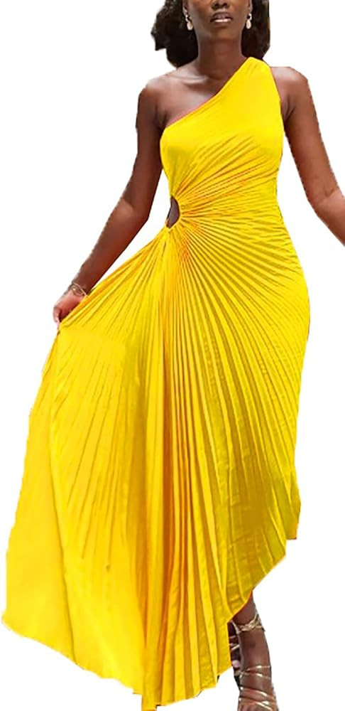 Womens Summer Maxi Dress 2023 Sexy One Shoulder Sleeveless Formal Boho Pleated Dresses | Amazon (US)