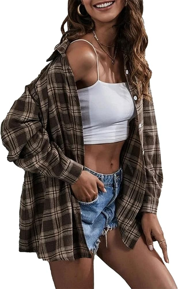 Bozanly Flannel Buffalo Plaid Shirts for Women Oversized Button Down Shacket Blouse Tops | Amazon (US)