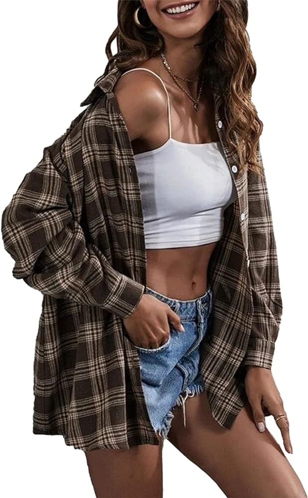 Bozanly Flannel Buffalo Plaid Shirts for Women Oversized Button Down Shacket Blouse Tops | Amazon (US)