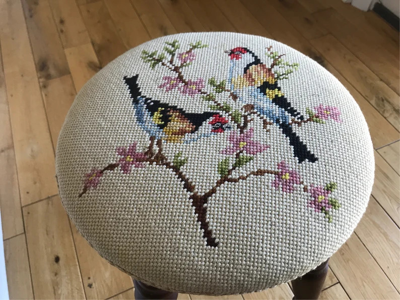 Vintage Needlepoint Stool Vintage Wooden Stool Vintage Cushion Top Stool Vintage Bird Needlepoint... | Etsy (US)