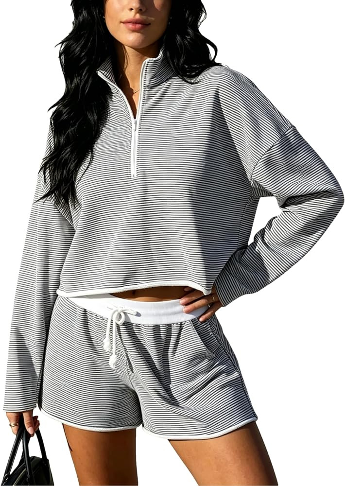 Bozanly Two Piece Outfits for Women Trendy Long Sleeve Tops Shorts Set | Amazon (US)