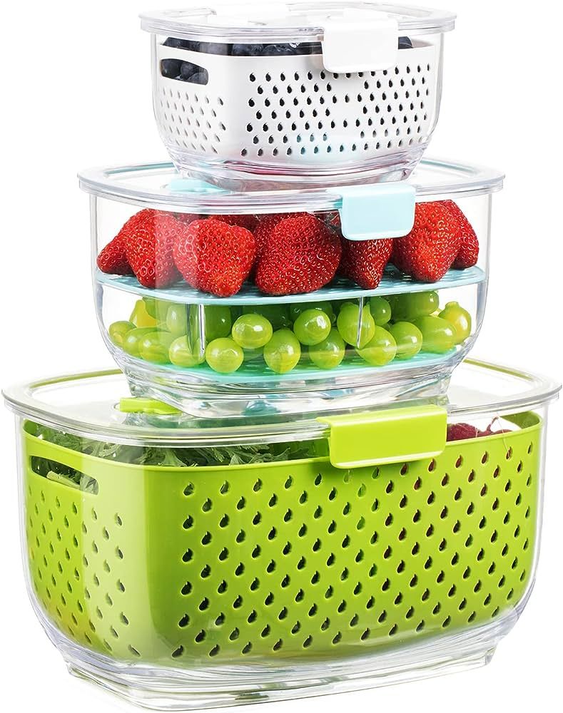 LUXEAR Fresh Produce Vegetable Fruit Storage Containers 3Piece Set, BPA-free , Partitioned Salad ... | Amazon (US)