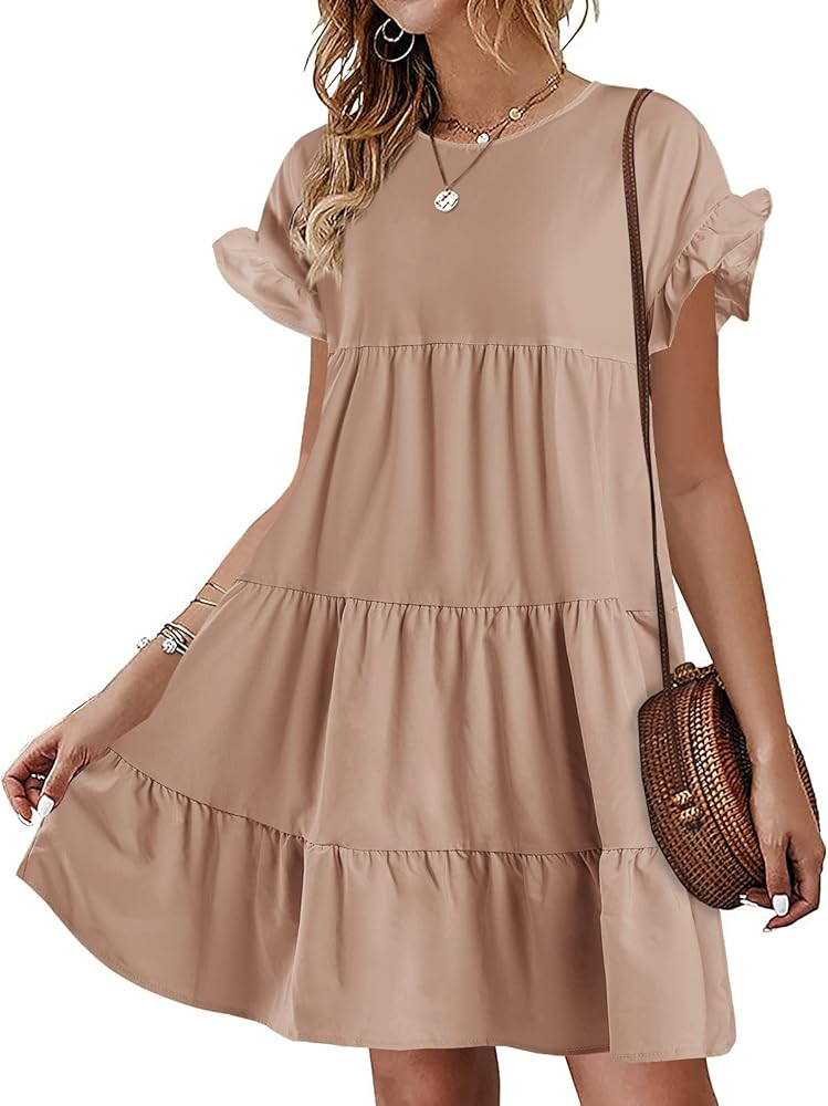 Chuanqi Womens Ruffles Boho Floral Printed Babydoll Loose Swing Casual Short Mini T-Shirt Dress | Amazon (US)