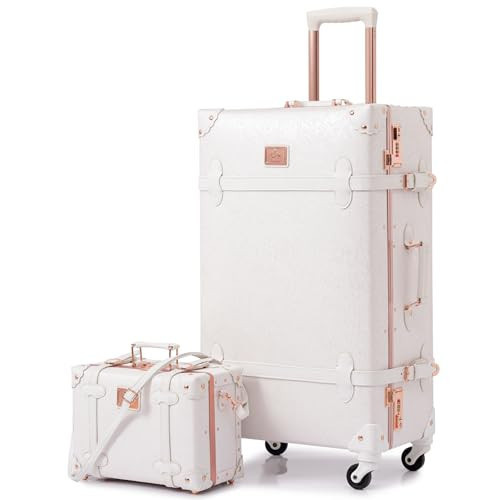 urecity Vintage Luggage Set, 2 Piece Retro Leather Suitcase for Women, Travel Luggage with Spinner Wheels and Beauty Case, Cute Designer Trunk Luggage (Rose White, 20"+12") | Amazon (US)