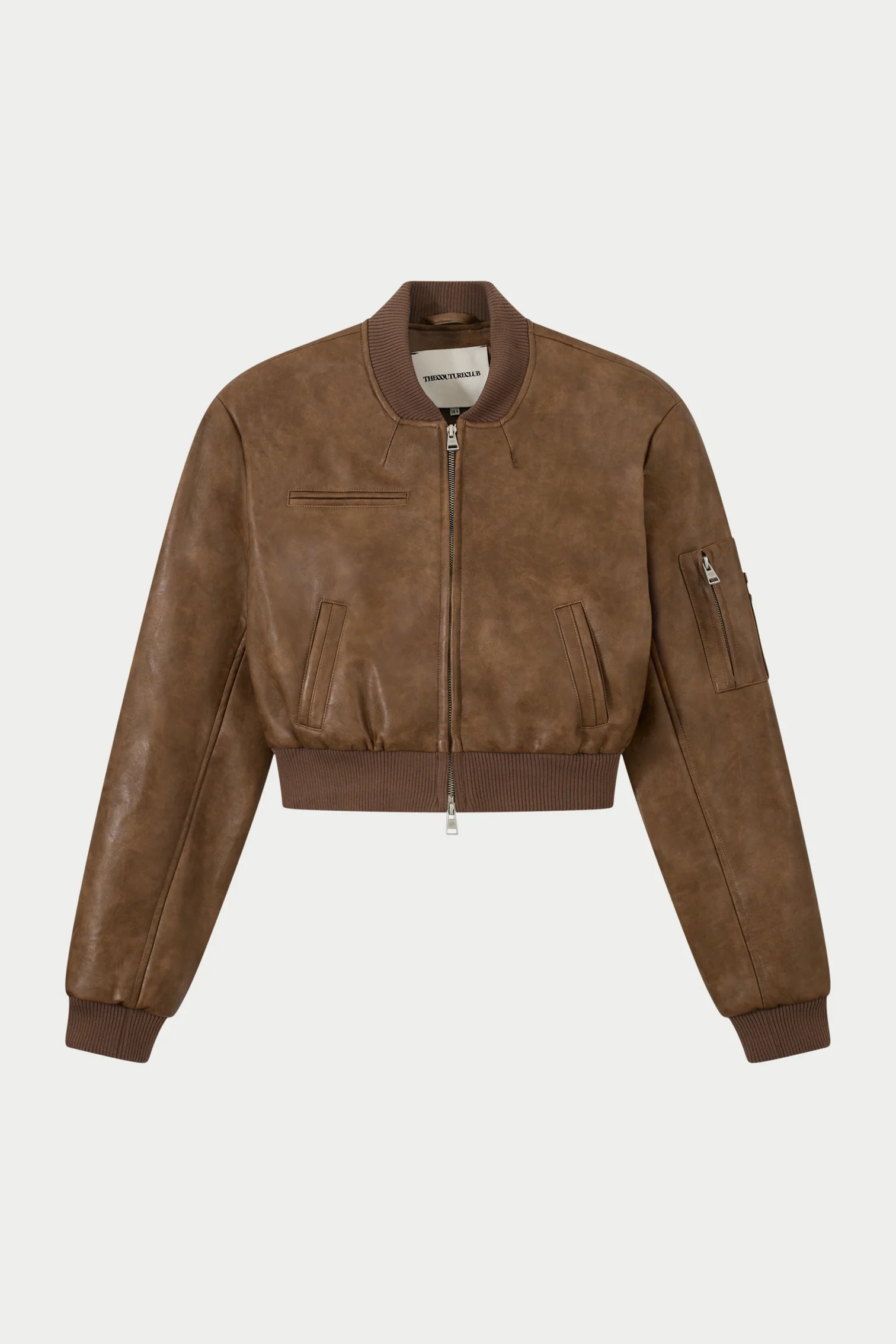 FAUX LEATHER SHOULDER PADDED BOMBER JACKET - WASHED BROWN | The Couture Club