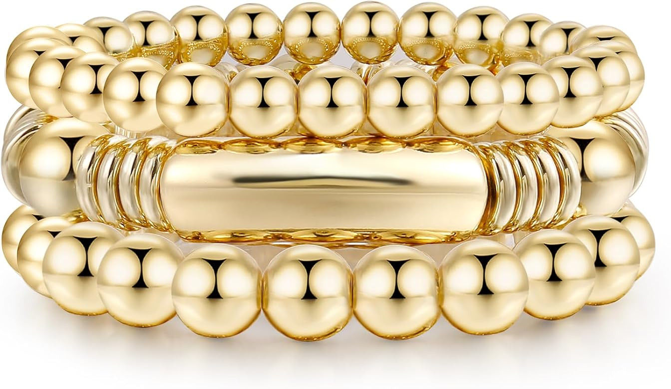 Gold Bangles Bracelet for Women Chunky Curved Stacking Plated Bead Ball Stretchable Bracelets | Amazon (US)