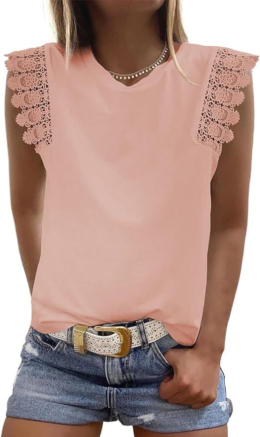 Samefar Women's Casual Round Neck Tank Tops Lace Trim Loose Sleeveless Shirts Blouses | Amazon (US)