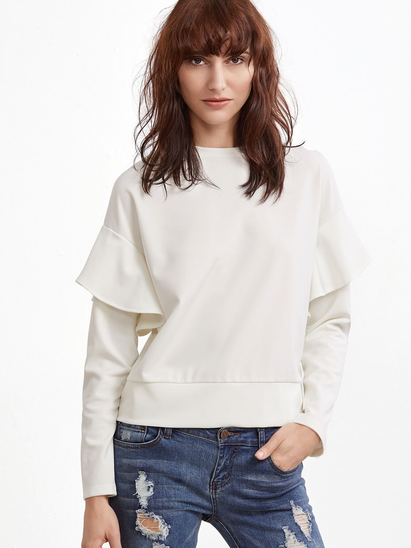 White Drop Shoulder Ruffle Trim Sweatshirt | ROMWE