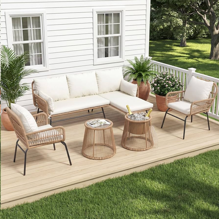 6-Piece Boho Outdoor Patio Furniture Set, L-Shaped Wicker Sectional Sofa with Ice Bucket Table & ... | Amazon (US)