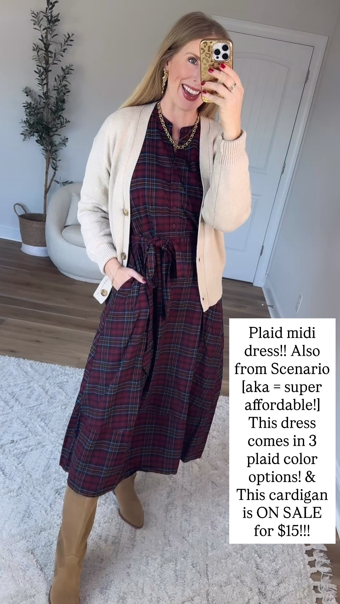 Walmart try on, plaid dress, scenario, fall cardigan, midi dress