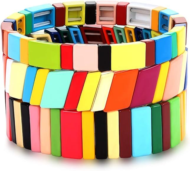 Tile Bracelets Enamel Rainbow Tile Bead Bracelets Colorblock Stackable Stretch Bracelets Bohemia ... | Amazon (US)