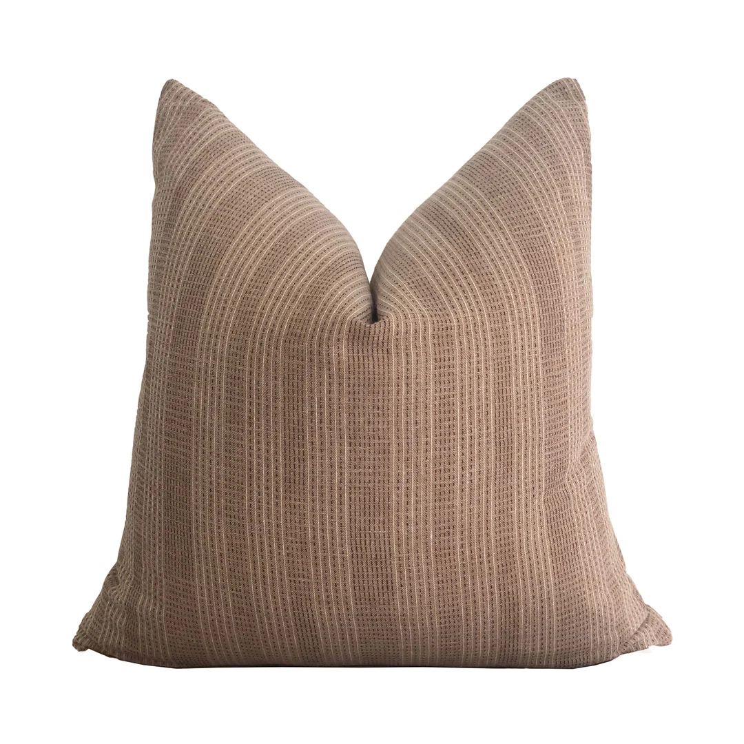 Brown Neutral Stripe Pillow Cover with Sashiko Stitching, Modern Farmhouse Pillow, Neutral Decor | Etsy (US)