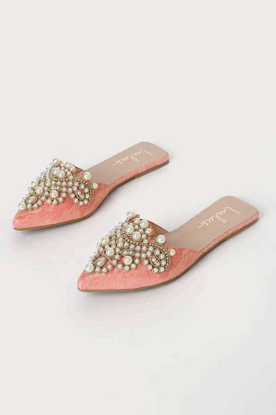 Flora Pink Lace Pearl Embroidered Pointed-Toe Flats | Lulus (US)