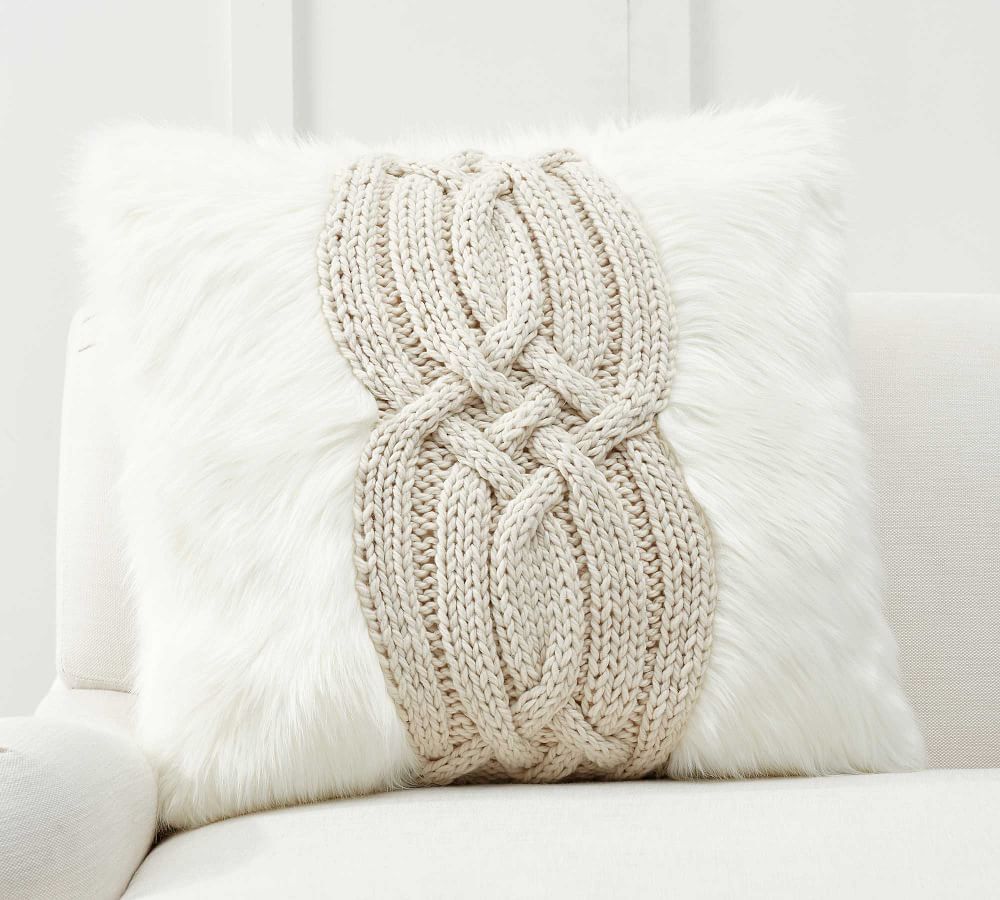 Cable Knit Faux Fur Pillow Cover | Pottery Barn (US)
