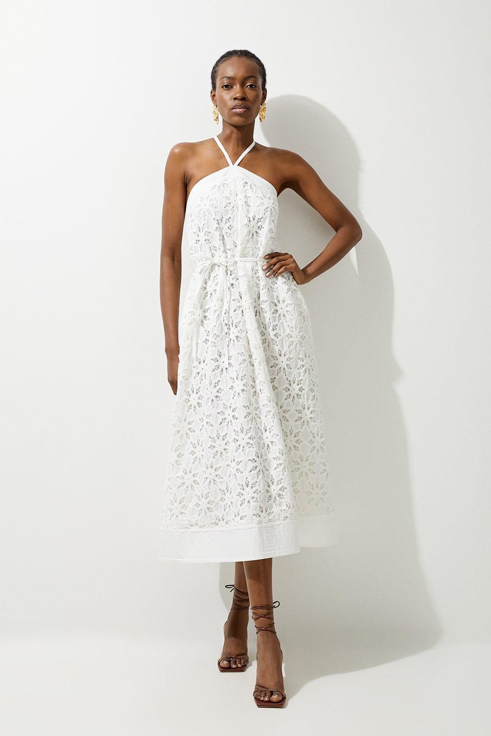 Crafted Cotton Embroidery Woven Halter Maxi Dress | Karen Millen US