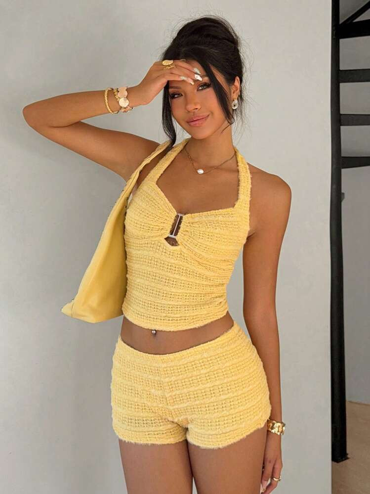 Muchica Yellow Casual Women Pleated Halter Neck Tank Top And Shorts 2 Pieces Set | SHEIN