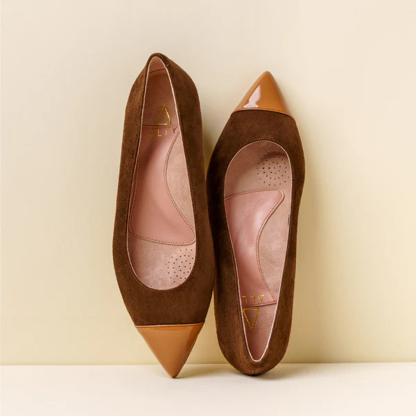Moxie Mocha Suede with Bronze Bliss Patent Leather Cap Toe Flat | ALLY Shoes