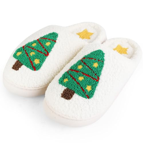 HAJOYHA Christmas Slippers for Women Men, Soft Slip-On House Winter Plush Fluffy Cute Slippers for Holiday Xmas Bedroom Indoor Outdoor Use(Christmas Tree 9-10) | Amazon (US)