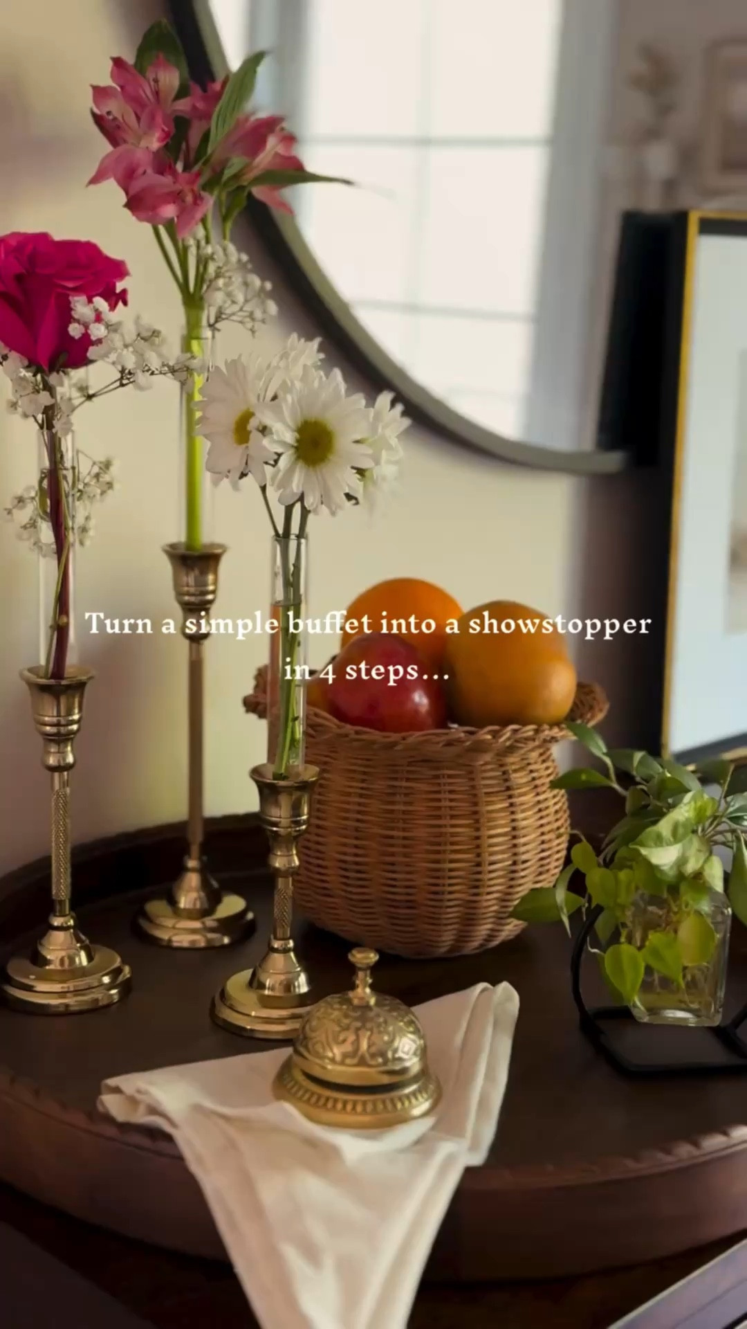 Turn a simple buffet into a showstopper in 4 steps…

Step 1: Tray + wicker basket with fruit, add small greenery.
Step 2: Napkin + bell for a special touch, place candle holders.
Step 3: Fill cylinders with water, add fresh flowers.
Step 4: Step back and enjoy your masterpiece!

Save this for your next buffet inspo!

#cozy #cozyvibes #cozyathome #cozyhome #howto