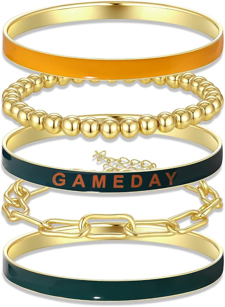Game Day Bangle Bracelets Set for Women Stackable Gold Bangles Paperclip Beaded Bracelet Football... | Amazon (US)