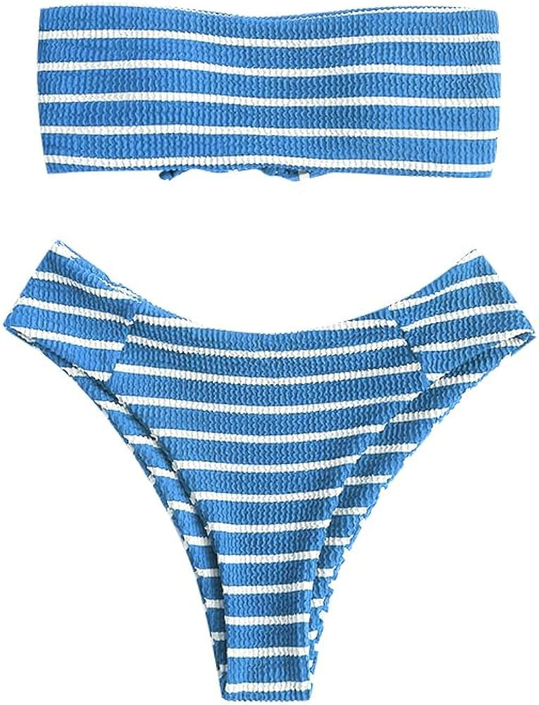 ZAFUL Women Strapless Bikini Set Lace Up Ribbed High Cut Bandeau 2 Piece Swimsuit | Amazon (US)