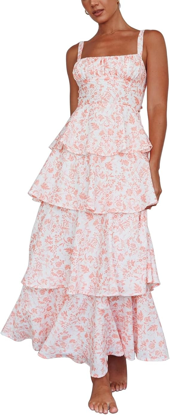 Tiered Ruffle Dress Women Casual Summer Spaghetti Strap Sleeveless Floral Layered Maxi Dress for ... | Amazon (US)