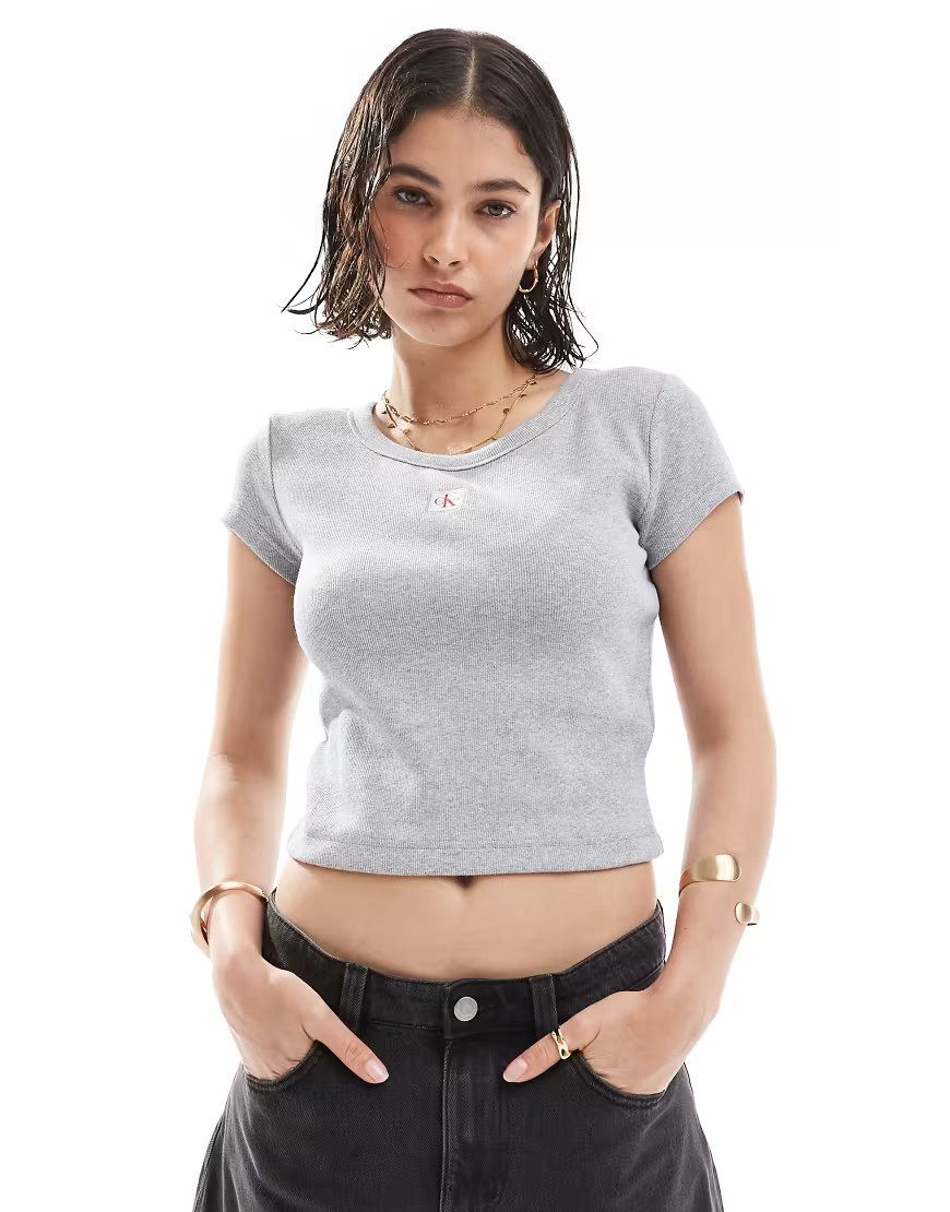 Calvin Klein Jeans woven label ribbed baby T-shirt in gray | ASOS (Global)