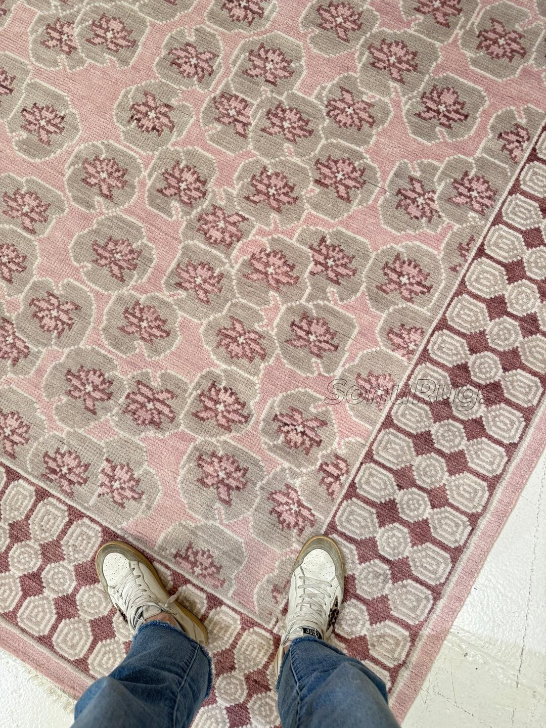 Blush Pink Floral Area Rug, Hand-Knotted Wool Rug, Beige Border Living Room Rug, Custom Size 8x10... | Etsy (US)