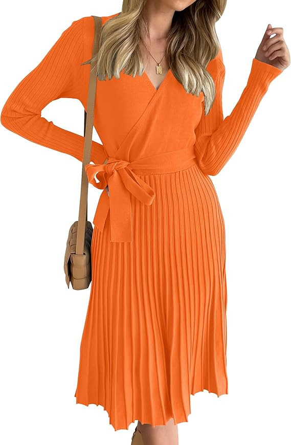 ZESICA Women's 2023 Fall Long Sleeve Wrap V Neck Ribbed Knit Pleated A Line Pullover Sweater Dres... | Amazon (US)