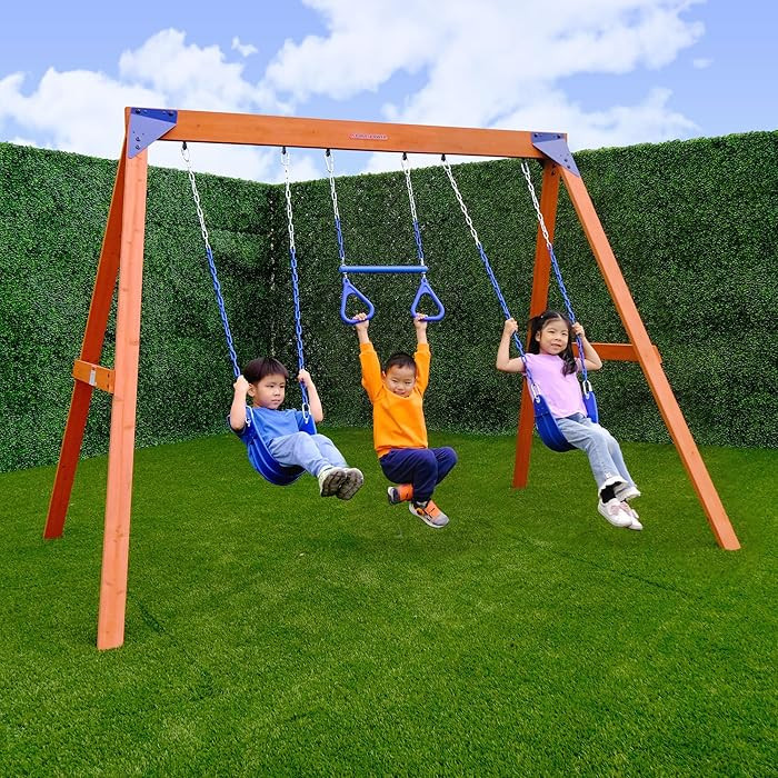 Sportspower Kingston Cedar Wooden Swing Set: 2 Height Adjustable Swings and Trapeze Swing Bar, Ba... | Amazon (US)