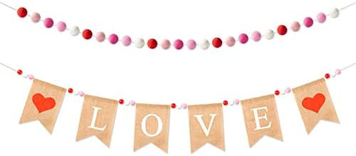 Haooryx 2 Set Valentine's Day Burlap Flag Felt Ball Garland Kit, Sweet LOVE Valentines Hanging Banne | Amazon (US)