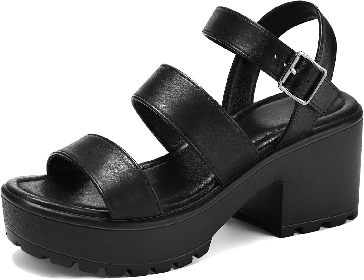 mysoft Women's Platform Sandals Ankle Strap Open Toe Lug Sole 3 Inch Chunky Block Heeled Sandals | Amazon (US)