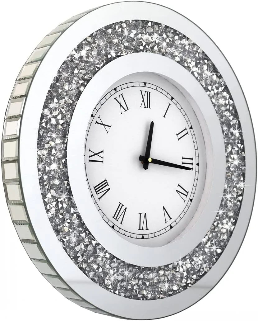 Silver Square Mirror Clock Crystal Sparkle Twinkle Bling Crushed Diamond Mirrored Large Wall Cloc... | Walmart (US)
