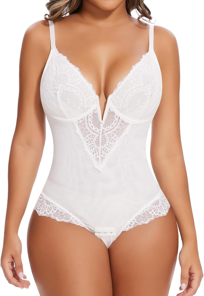 SHAPERIN Sexy Lace Shapewear Bodysuit Women's Sleeveless V Neck Tummy Control Backless Thong Tank... | Amazon (US)