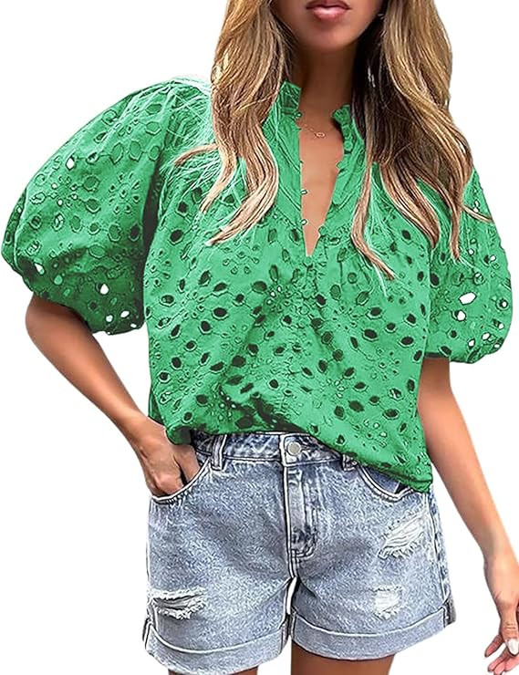 Yimoon Puff Sleeve Tops Women Dressy Casual Eyelet Tops White Blouse Embroidered Hollow Out V Nec... | Amazon (US)
