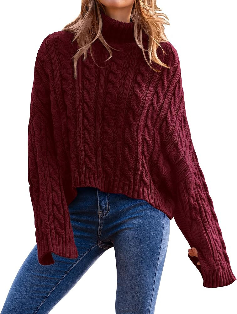 PRETTYGARDEN Women's Turtleneck Batwing Long Sleeve Crop Sweater 2024 Fall Chunky Cable Knit Cute... | Amazon (US)