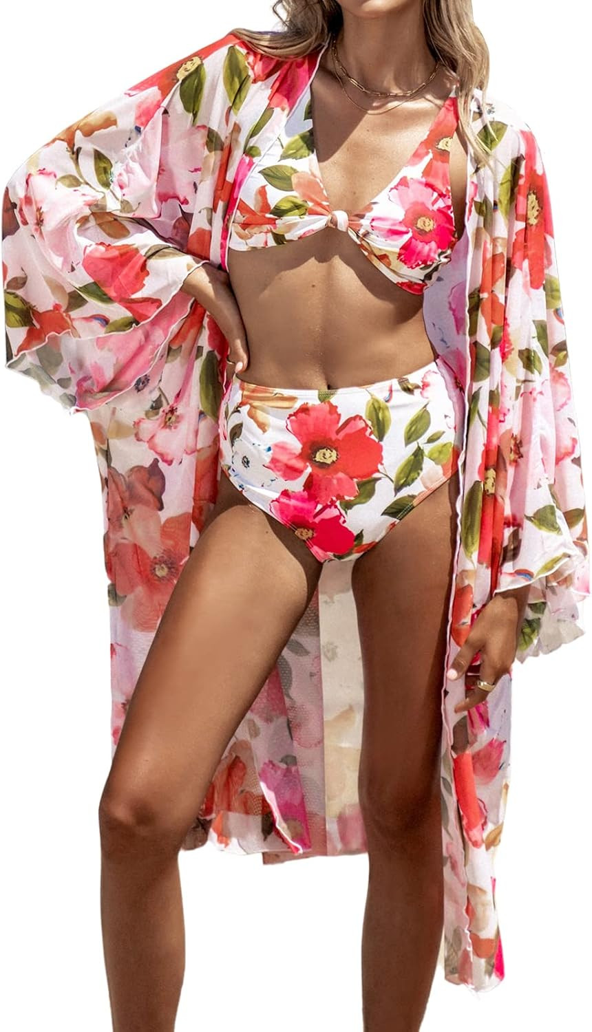 CUPSHE Women Bikini Sets Cover Up 3 Piece Swimsuit Floral Kimono Triangle Top Knotted Front High ... | Amazon (US)