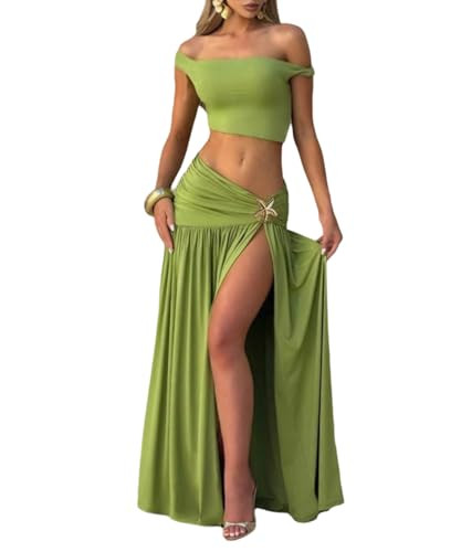 Amazon.com: VOIKERDR Maxi Skirt Sets for Women Bodycon Crop Top and Split Flowy Skirt for Women D... | Amazon (US)
