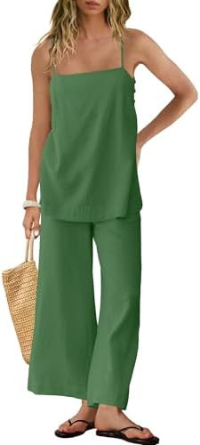 Panadila 2 Piece Linen Set Summer Travel Beach Vacation Outfit Sexy Spaghetti Strap Tank Top and ... | Amazon (US)